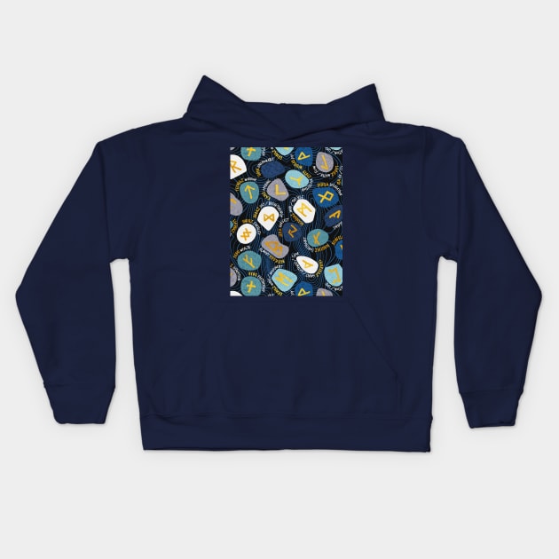 Mystical Viking Runes // pattern // black background blue grey and teal stones golden letters of the runic alphabet Kids Hoodie by SelmaCardoso